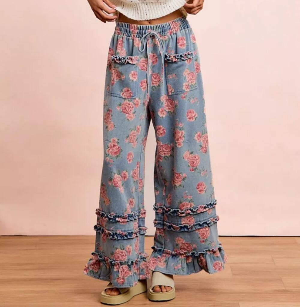 BiBi Rose Floral Denim Wide Leg Ruffle Pants XL – Feminine Cottage